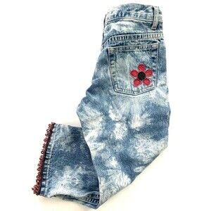 Vintage Gap Jeans Girls 6 Cropped Tie Dye Bleached Beaded Fringe Hem Flower Boho